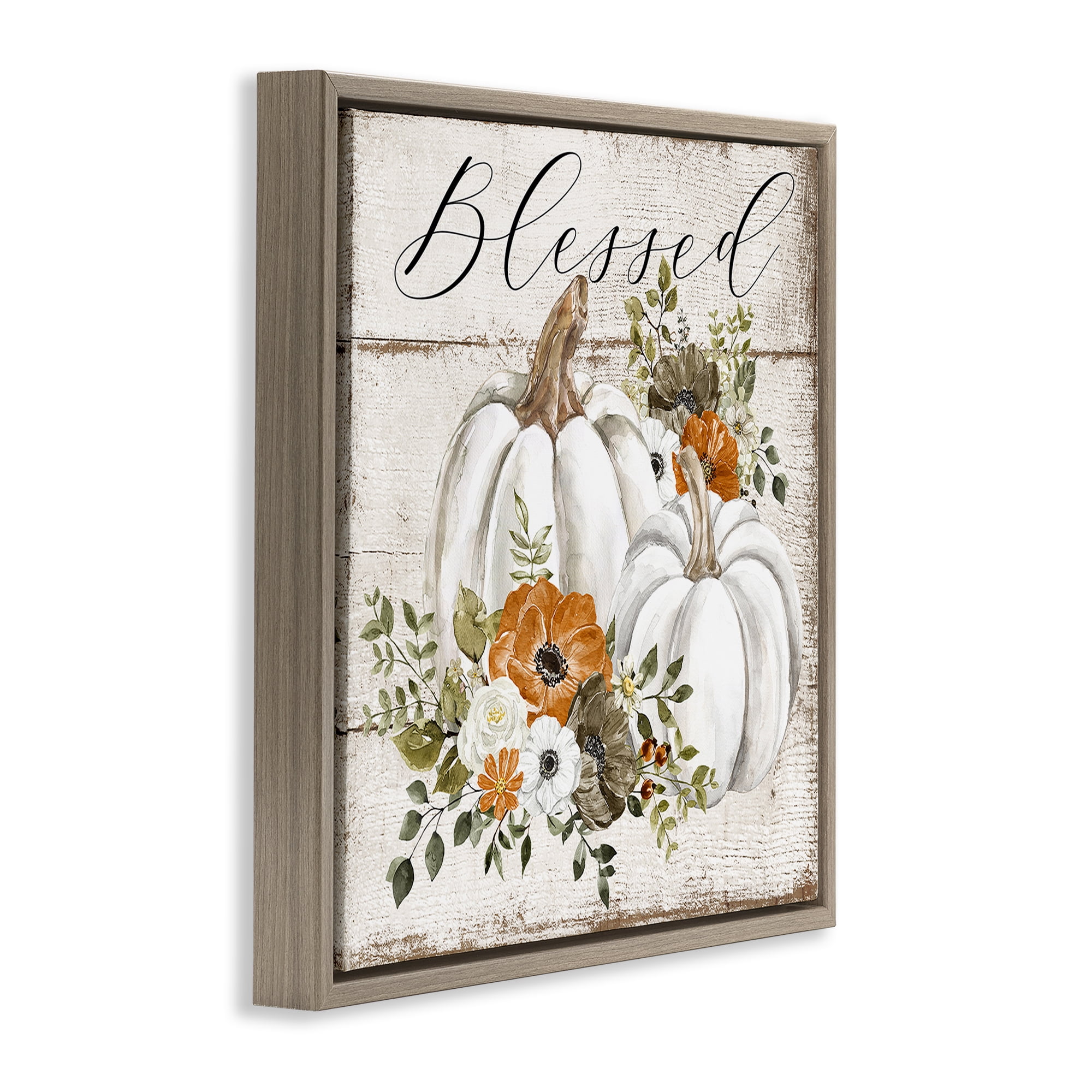 Stupell Industries Blessed Floral Pumpkin Holiday Painting Brown Floater Framed Canvas Art Prints Wall Art, 18 x 18