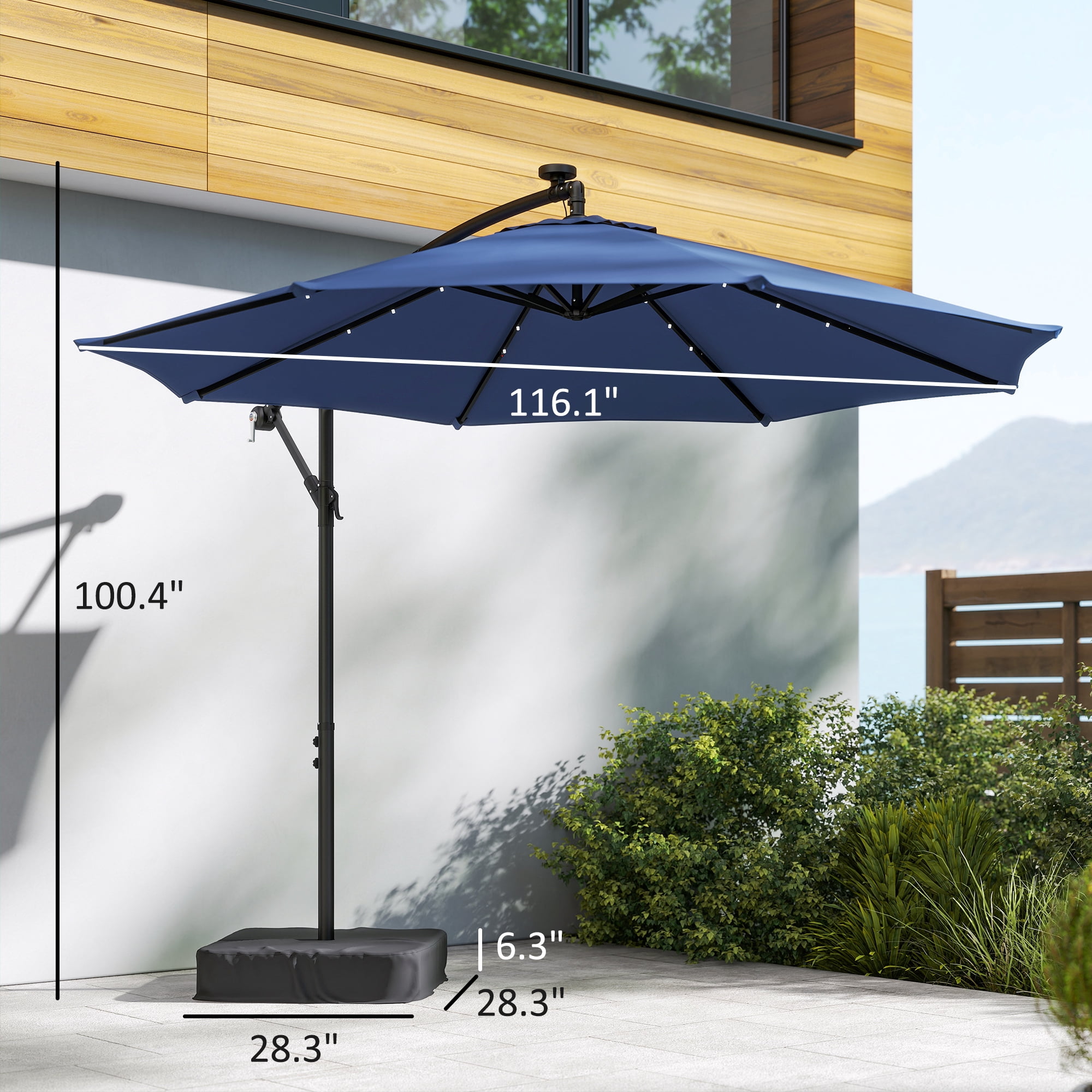 Outsunny 10 ft Cantilever Patio Umbrella with Solar LED Light, Sandbag Weight, Offset Hanging Outdoor Umbrella with Protective Cover, Dark Blue