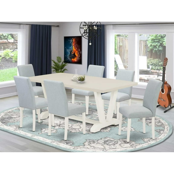 East West Furniture 7-Piece Dining Room Set Includes 6 Modern Chairs with Upholstered Seat and High Back and a Rectangular Dining Table - Linen White Finish
