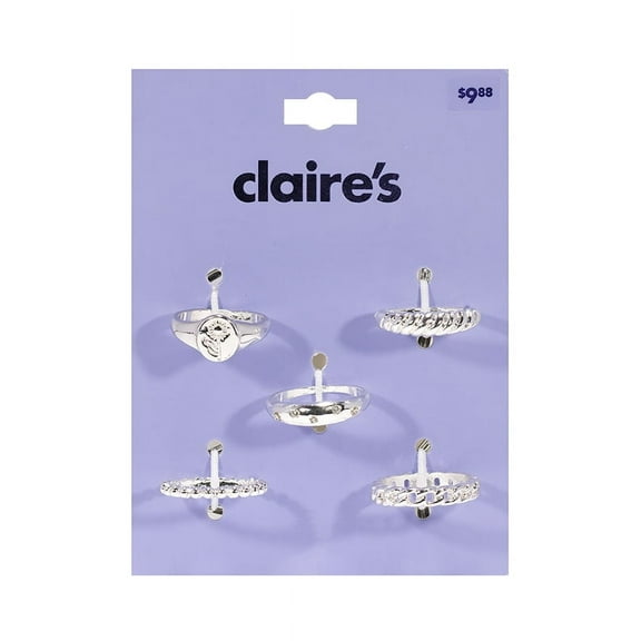 Claire's Girls Silver Chain Ring Set, Cubic Zirconia Gemstones, Medium, 5