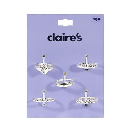 Claire's Girls Silver Chain Ring Set, Cubic Zirconia Gemstones, Medium, 5