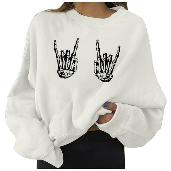 TANGQIOP Women'S Sweatshirts Tops Crew Neck Long Sleeve Hoodless Elasticized Hem Solid Halloween Skeleton Hand Print Funny White XL