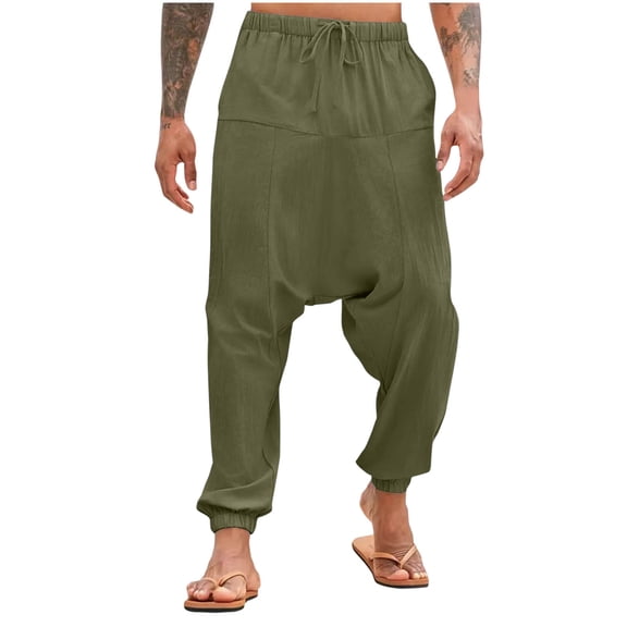 ohmzyzo Mens Harem Pants Baggy Casual Cotton Linen Boho Yoga Trousers Drop Crotch Hippie Trousers Solid Color Joggers Pants Army Green Army Green