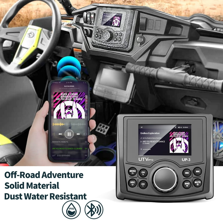 Powersports UTV Stereo AM/FM with Bluetooth Streaming 3 Zone, Compatible to  Rear View Camera, External Amplifier Switch on/Off