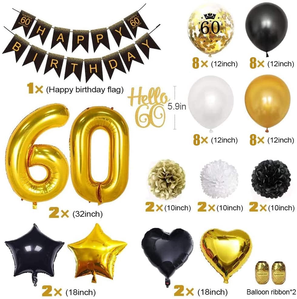 60th Birthday Decorations for Men Women, Black Gold Party Decorations Supplies Balloon Garland Arch Kit with Happy Birthday Banner Tassels Confetti Balloon Number 60 Birthday Wedding Anniversary