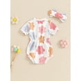 thumbnail image 3 of Newborn Baby Girl Summer Outfits Ribbed Knit Floral Short Sleeve Romper Bodysuit with Bow Headband Set 3 6 9 12 18 Months Cute Clothes, 3 of 7