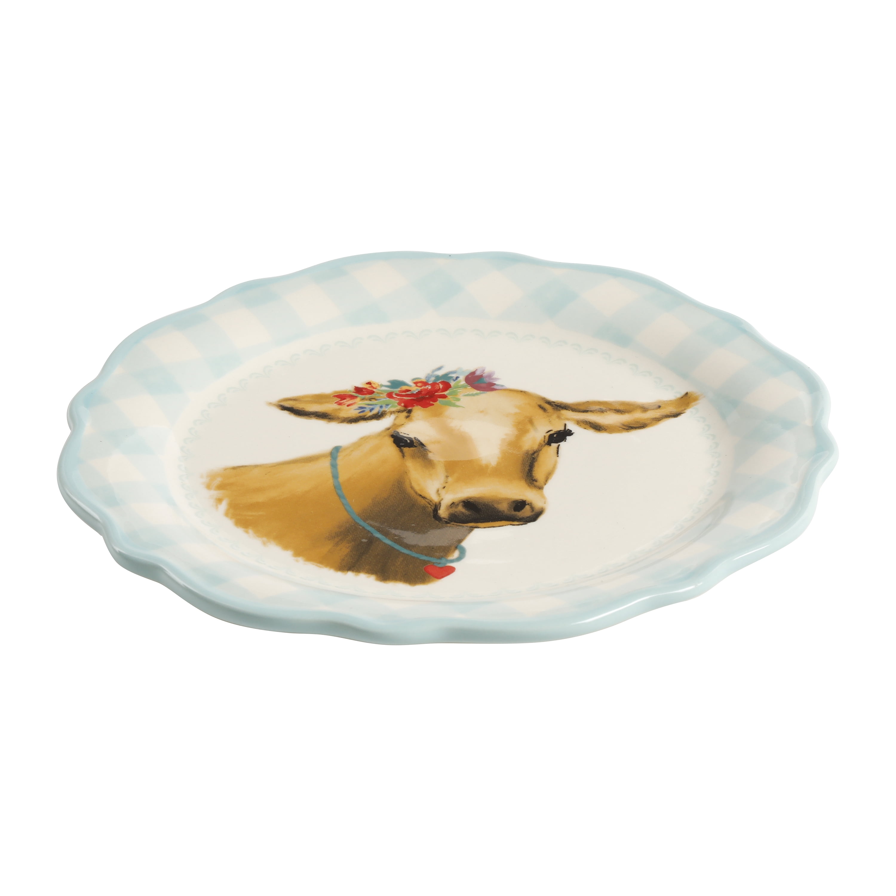 (2 pack) The Pioneer Woman Light Blue Gingham with Brown Cow Decal Appetizer Plate