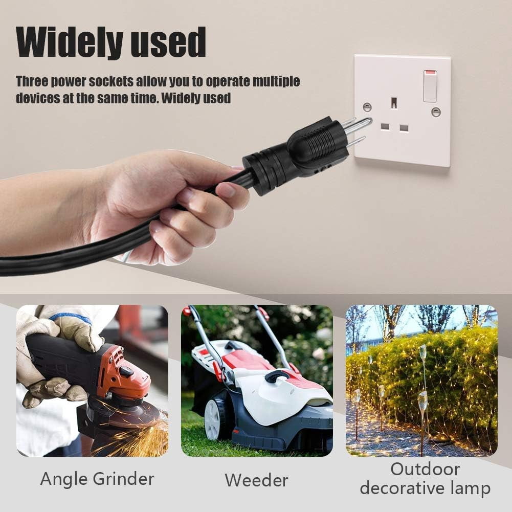 Hoease 3FT Outdoor Extension Cord, 12 Gauge 3-Outlet 15-Amp Heavy Duty Power Cord for Garden, Lawn, and Construction