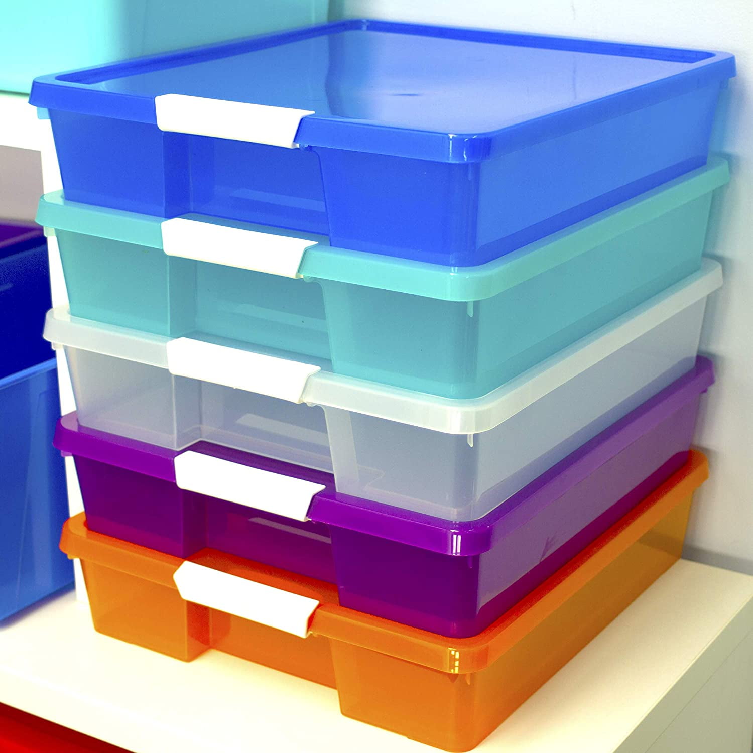 Classroom Craft Project Box – Stacking Plastic Organizer Fits 12x12 Scrapbooking Paper, Assorted STEAM Colors, 5-Pack