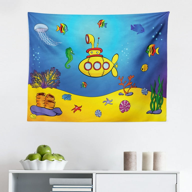 Yellow Submarine Tapestry Coral Reef Colorful Fish Ocean Life Marine Creatures Tropic Fabric Wall Hanging Decor for Bedroom Living Room Dorm 2