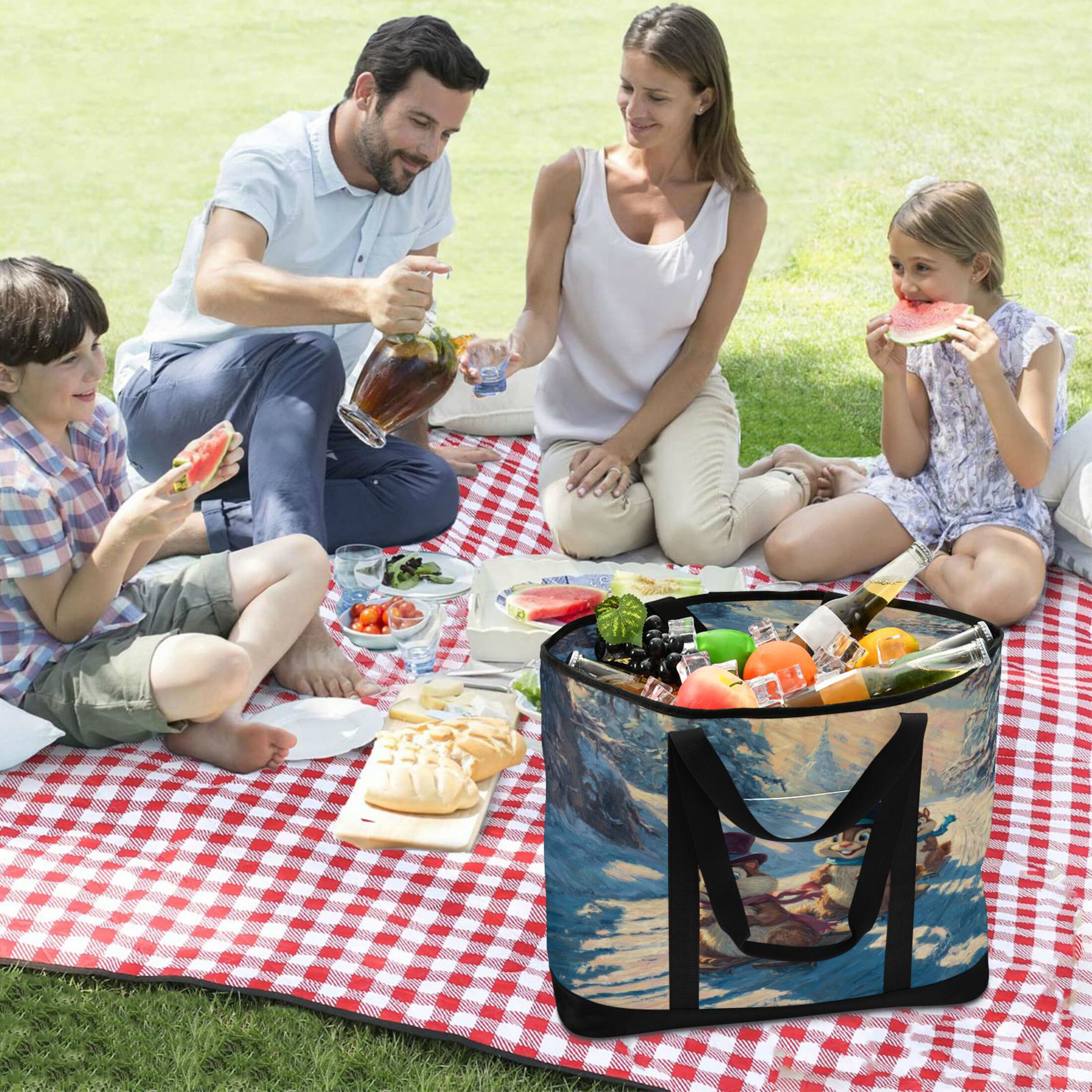 Extra-Large Wide Opening Design Capacity Hand-Held Ice Pack Thickened Insulation Layer For Long-Lasting Cold Retention For Outdoor Shopping Picnics And Camping Three Lovable Chipmunks