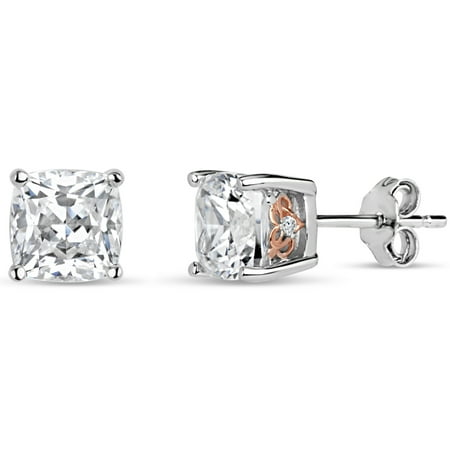 6 mm White Cushion Swarovski Cubic Zirconia Sterling Silver Two Tone Rhodium And 18kt Rose Gold Plated Filigree Sides Stud Earrings