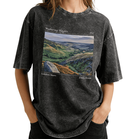 Vintage Wuthering Heights Emily Brontë Landscape Wash Print Tshirt S-2XL Acid Washed Black Graphic Tees Casual Shirts for Reader Tops
