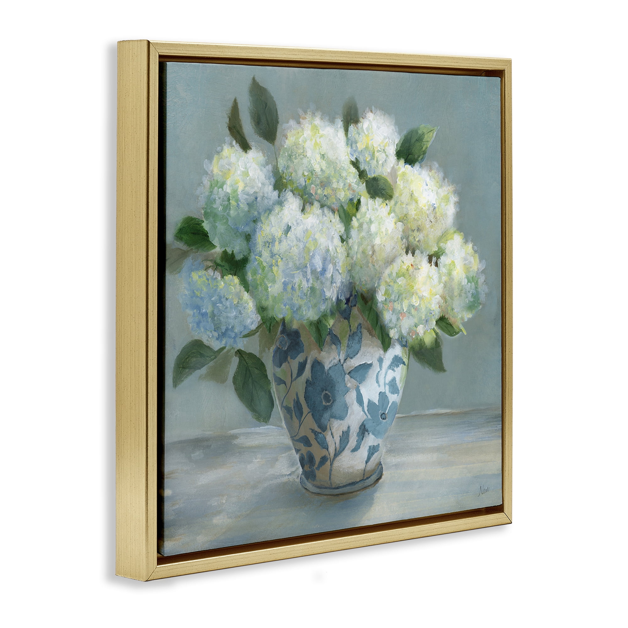 Stupell Industries Hydrangeas in Elegant Vase Gold Framed Floater Canvas Wall Art, design by Nan