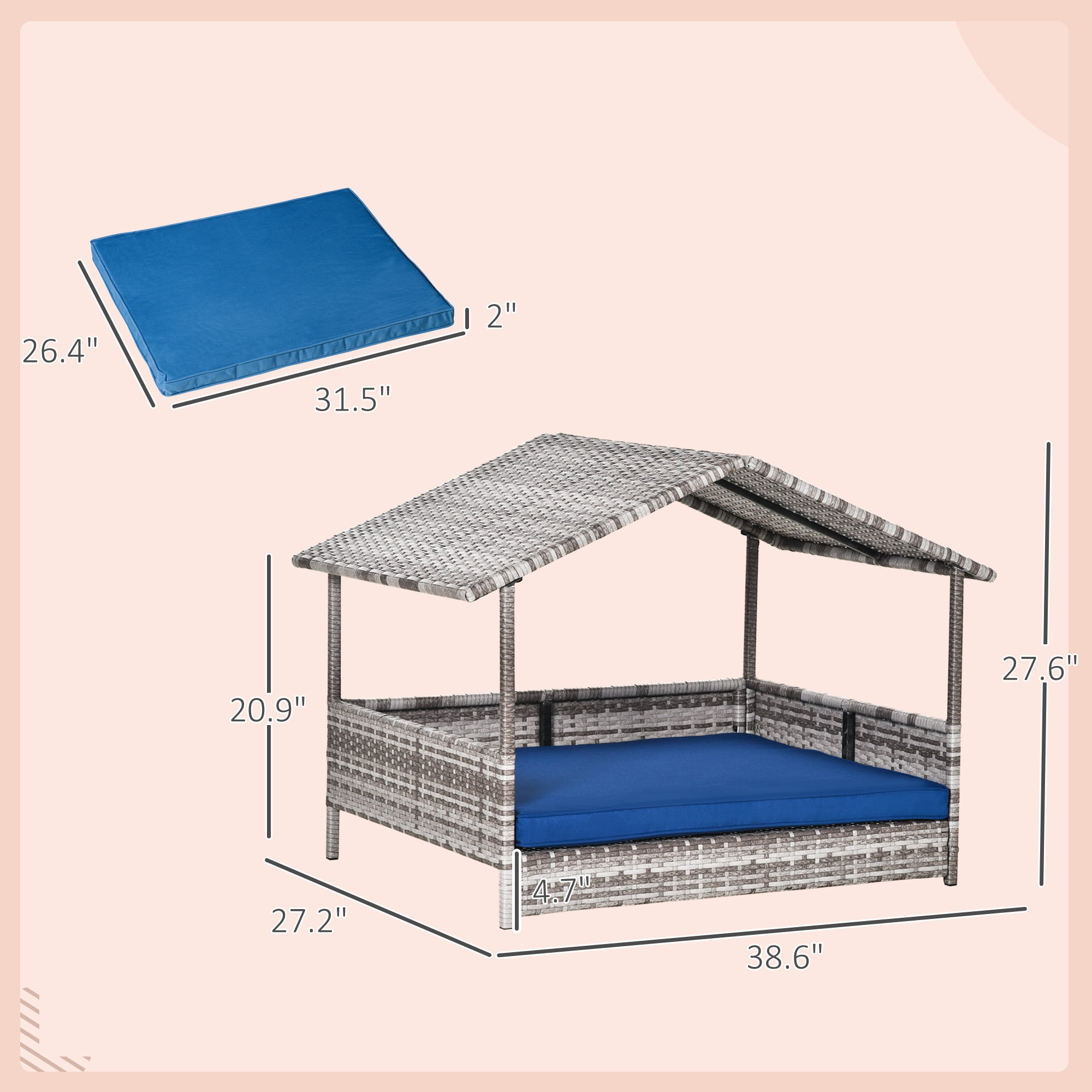PawHut Wicker Dog House Elevated Raised Rattan Bed for Indoor/Outdoor with Removable Cushion Lounge, Dark Blue