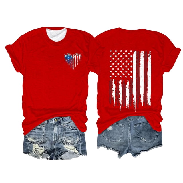 Hauts d'Été pour Femmes, Tenues de 4 Juillet 2024, Mode Féminine, Col Rond, Manches Courtes, Imprimé Drapeau Américain, Rouge