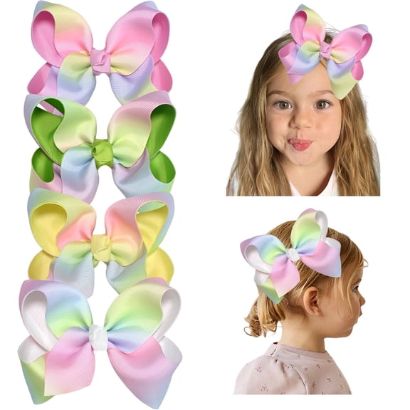 JoyBowie 4 Pack 5.5 Inch Pastel Ombre Hair Bows for Girls, Multicolor Grosgrain Ribbon Bows with Alligator Clips for Cheerleading, Daily Wear and Party Accessories
