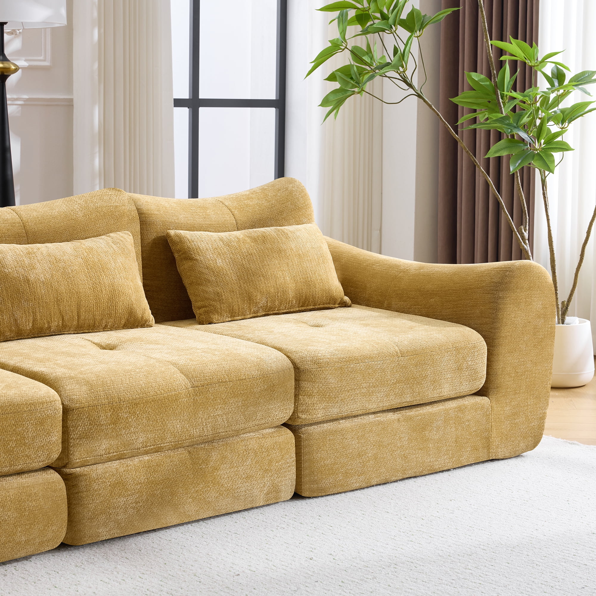 Modular Cloud Sofa, Convertible Folding Sofa Bed, Sectional Cushioned Sofa with Wear-Resistant Flannelette Fabric and High-Density Foam, Versatile Modular Design for Living Room, Yellow