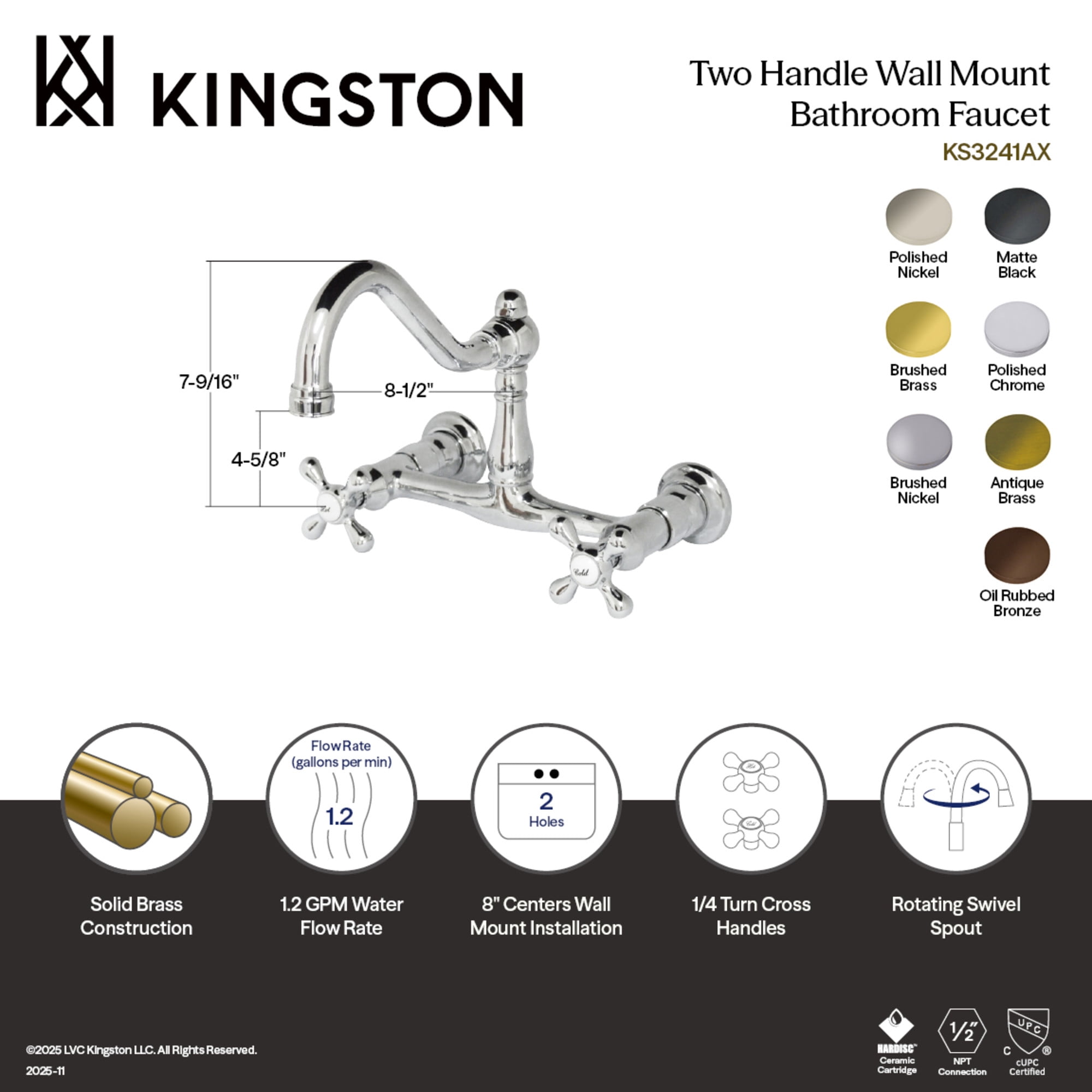 Kingston Brass KS3243AX Vintage Double-Handle Wall Mount Bathroom Faucet, Antique Brass
