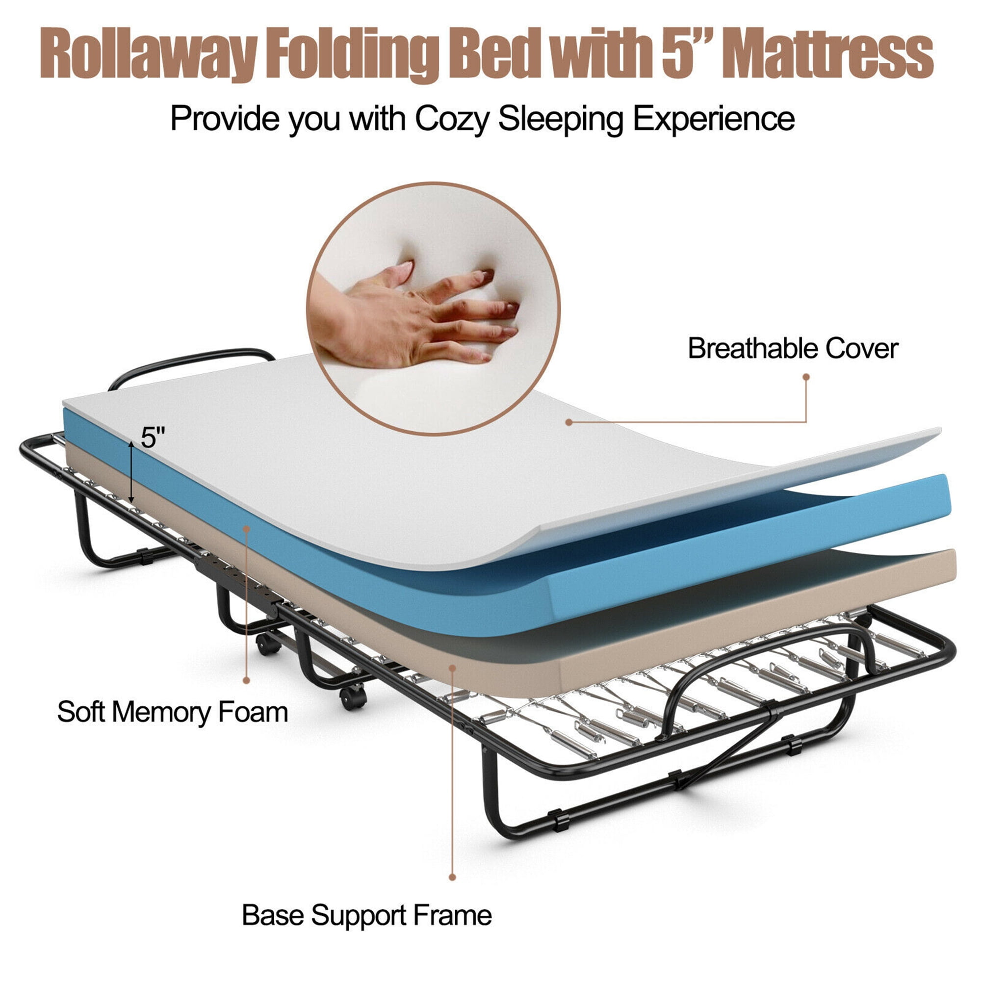 Gymax Folding Bed with Mattress Portable Rollaway Guest Cot Memory Foam Beige
