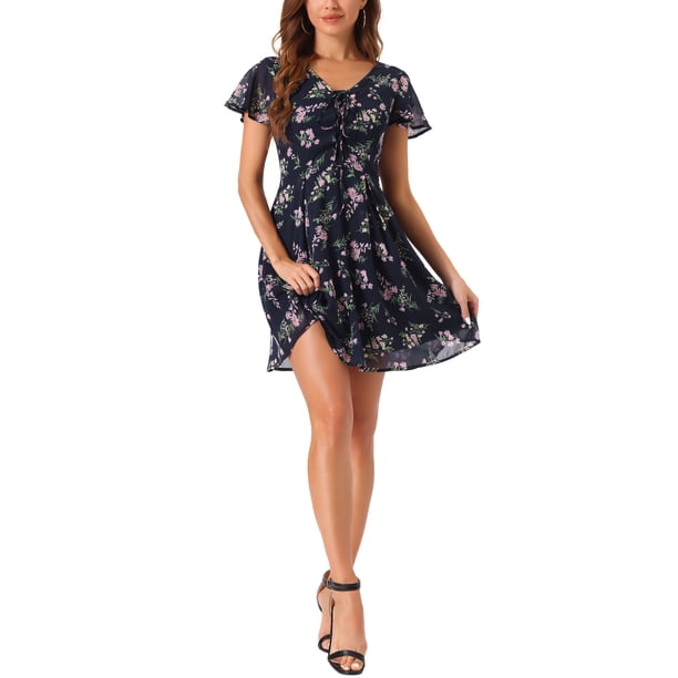 Vestido de Chiffon con Encaje y Cremallera de Manga Corta con Cuello en V Floral para Mujeres Chic S Azul Profundo