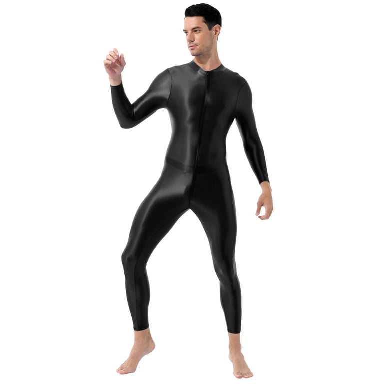 YEAHDOR Mens One-Piece Full Body Stocking Shimmery Skin-Tight Jumpsuit  Double-Ended Zipper Crotch Bodysuit Black One Size 
