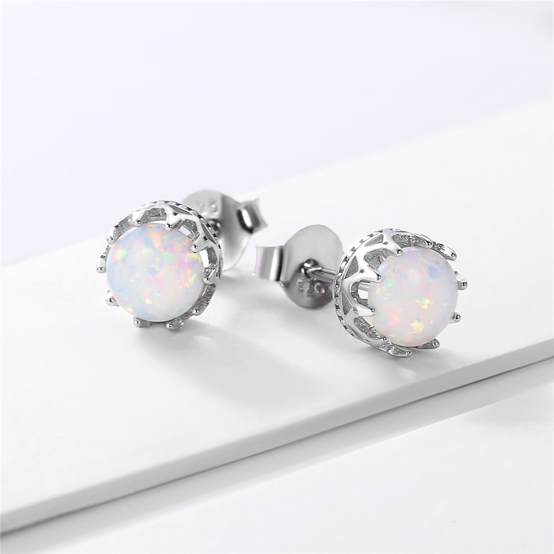 ChicSilver Round Crown Stud Earrings for Women 925 Sterling Silver Created White Opal Zircon Studs Jewelry Gift Hypoallergenic Earrings for Sensitive Ears