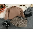 thumbnail image 2 of Toddler Girl Autumn Clothes Set  Ruffled Long Sleeve High Neck Ribbed Pullover + Houndstooth Print Shorts + Belt, 2 of 9