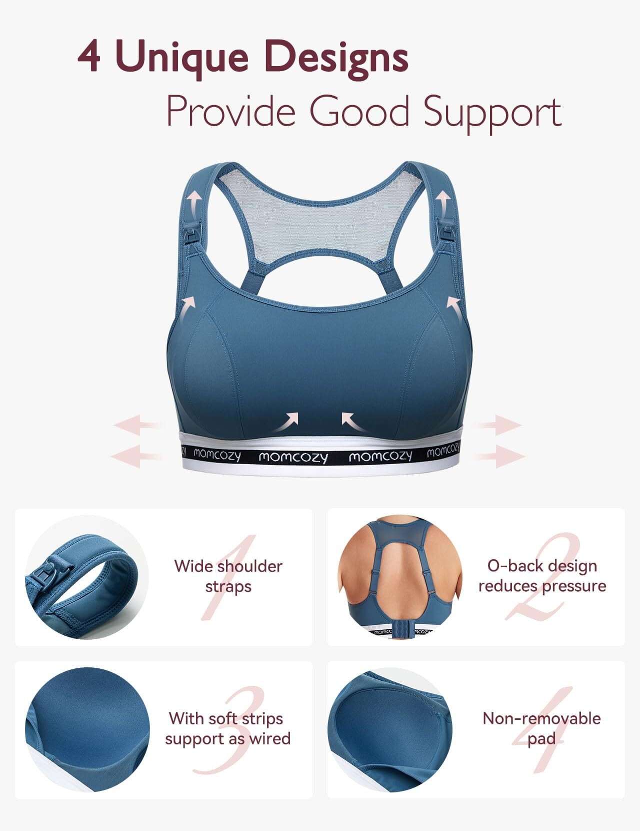 Momcozy Nursing Bras for Breastfeeding, FB028 Low-Impact Nursing Sports Bra Support Maternity Pregnancy Padded Wireless Bra