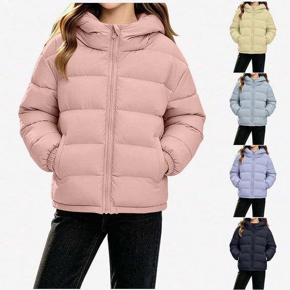 Piuwrlz Girls Puffer Coat with Hood Pocket Kids Zipper Windbreaker Jacket Warm Jackets Pink Size 12-13 Years