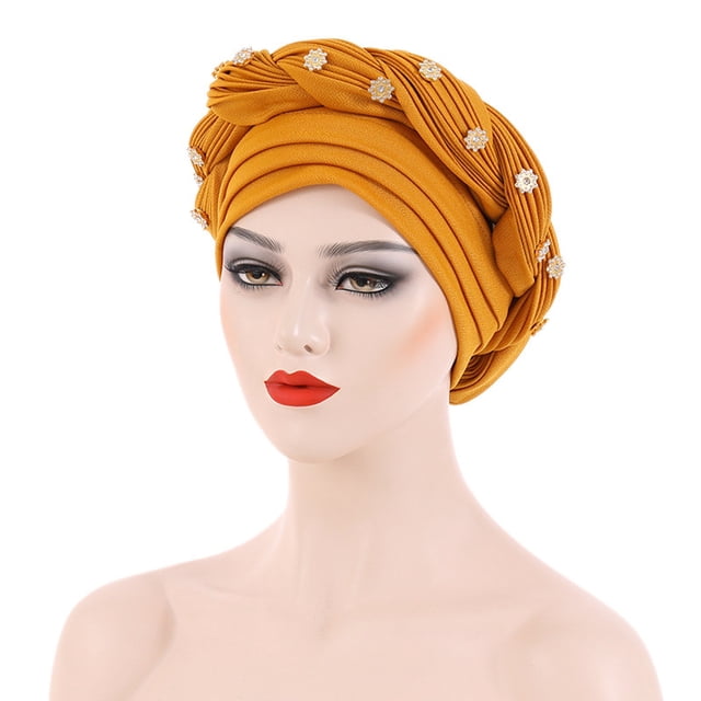 Fashion Women Beading Braid Hat Muslim Ruffle Cancer Wrap Cap Sleep Caps Satin Lined Hair Bonnets