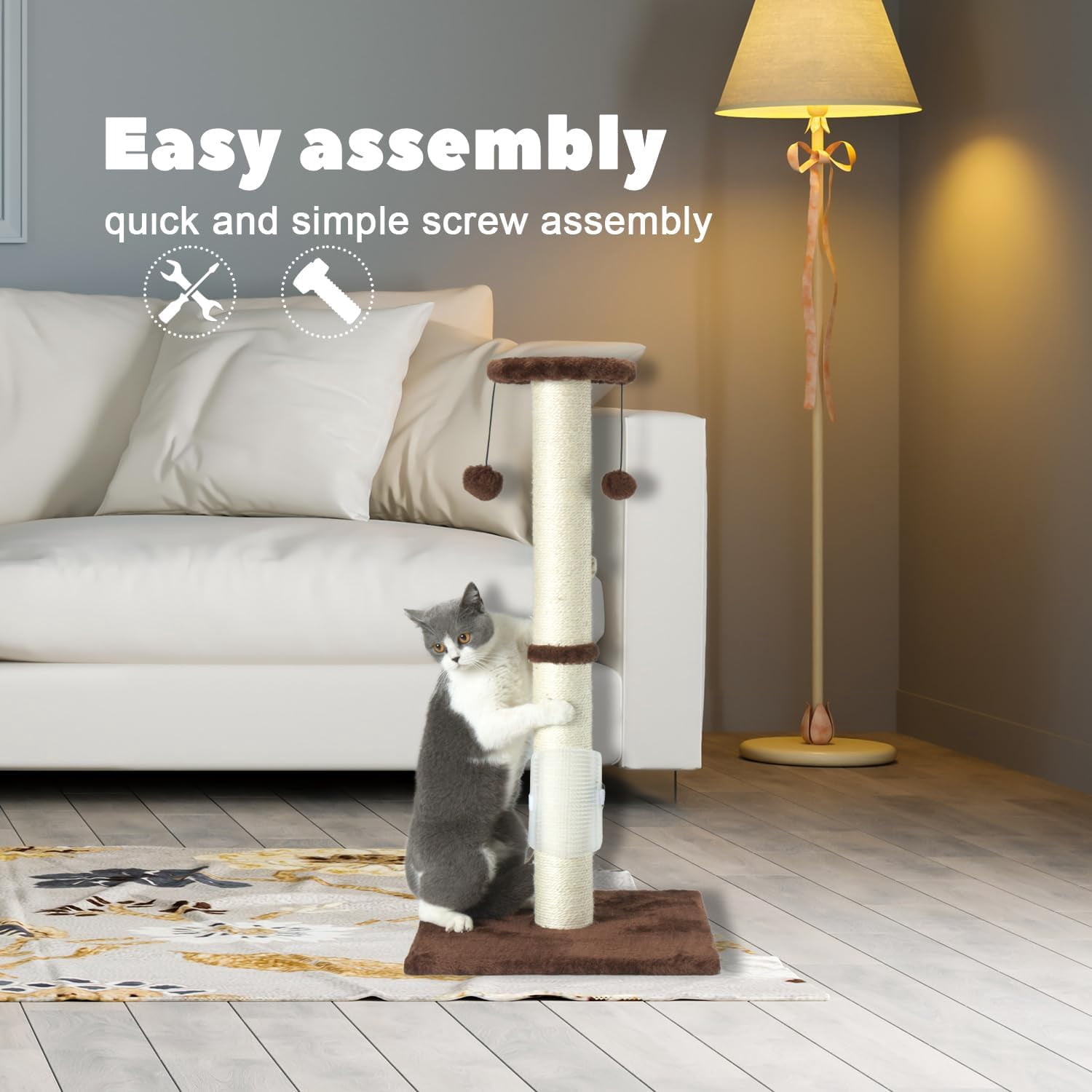 32" Tall Cat Scratching Post Sisal Scratch Posts with Hanging Ball and Self-Massage Brush Vertical Scratcher for Indoor Cats and Kittens(Light-Gray 32inches)