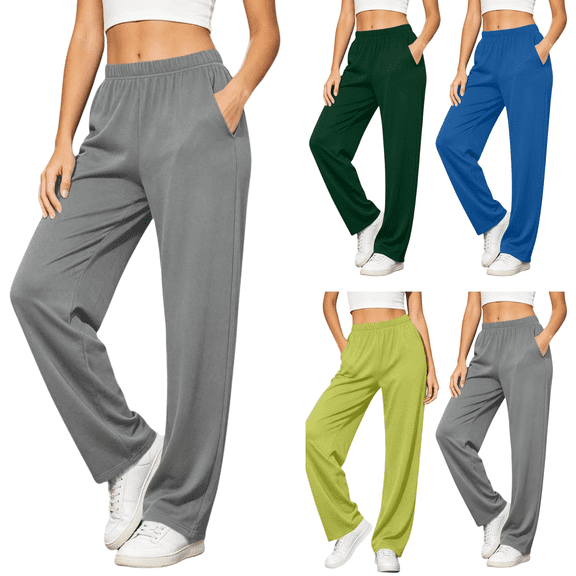Sunnin Women's Casual Straight Leg Long Pants Cotton Linen Blend High Waist Elastic Trousers with Pockets