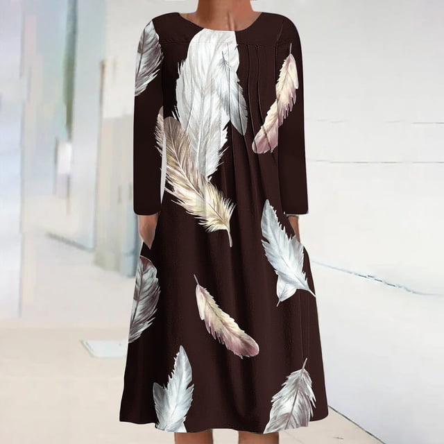 EQWLJWE Robes d'Automne pour Femmes 2023 Col Rond Manches Longues Pliable Imprimé Floral Irrégulier Coupe Ample