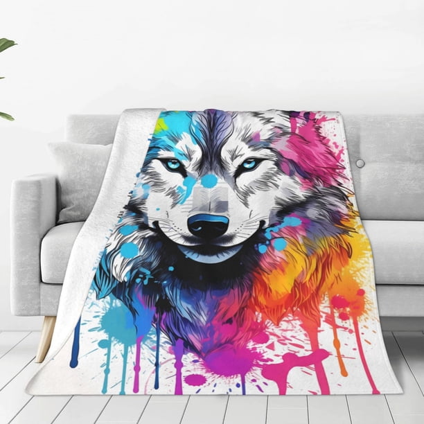 Fotbe Cool Colorful Wolf Manta de Franela Acolchonada con Estampado, Súper Suave y Esponjosa, Extra Grande para Sofá, Cama, Uso Todo el Año-80"x60"