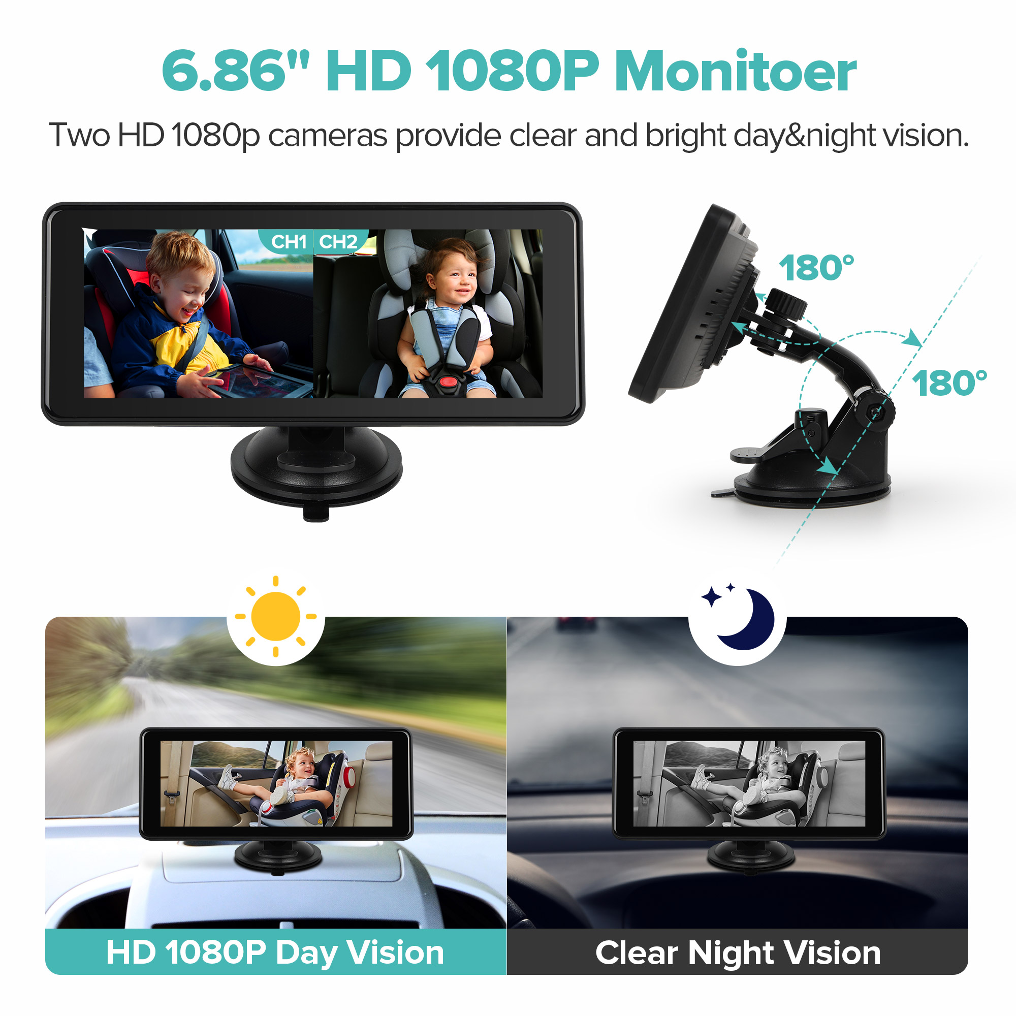 Baby Car Camera Backseat,6.86" Display Monitor,HD 1080P,Clear Wide View,IR Night Vision,Rear Facing Seat Camera for 2-Kids