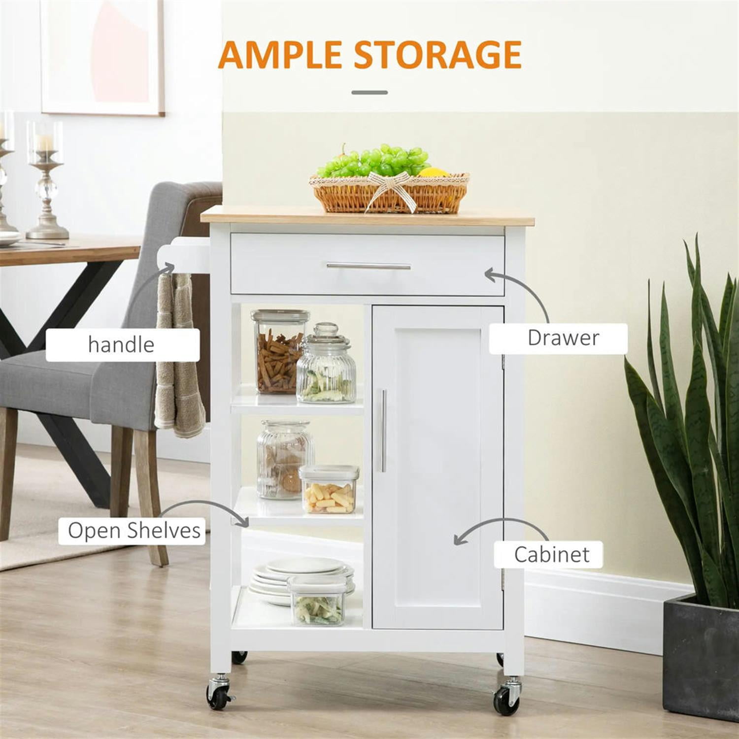 Demi Bonn Kitchen Island Cart on Wheels with Storage, Rolling Dining Room Serving Utility Carts Mobile Movable with Solid Wood Top and Drawer, White