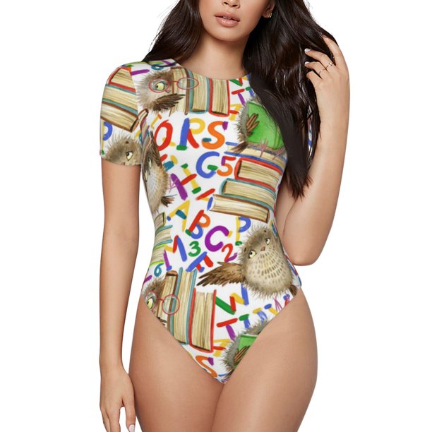 Fotbe Owl Back To School Body de Mujer con Cuello Redondo y Mangas Cortas, Sin Mangas Ajustado, Suave, Cómodo y Básico-Medium