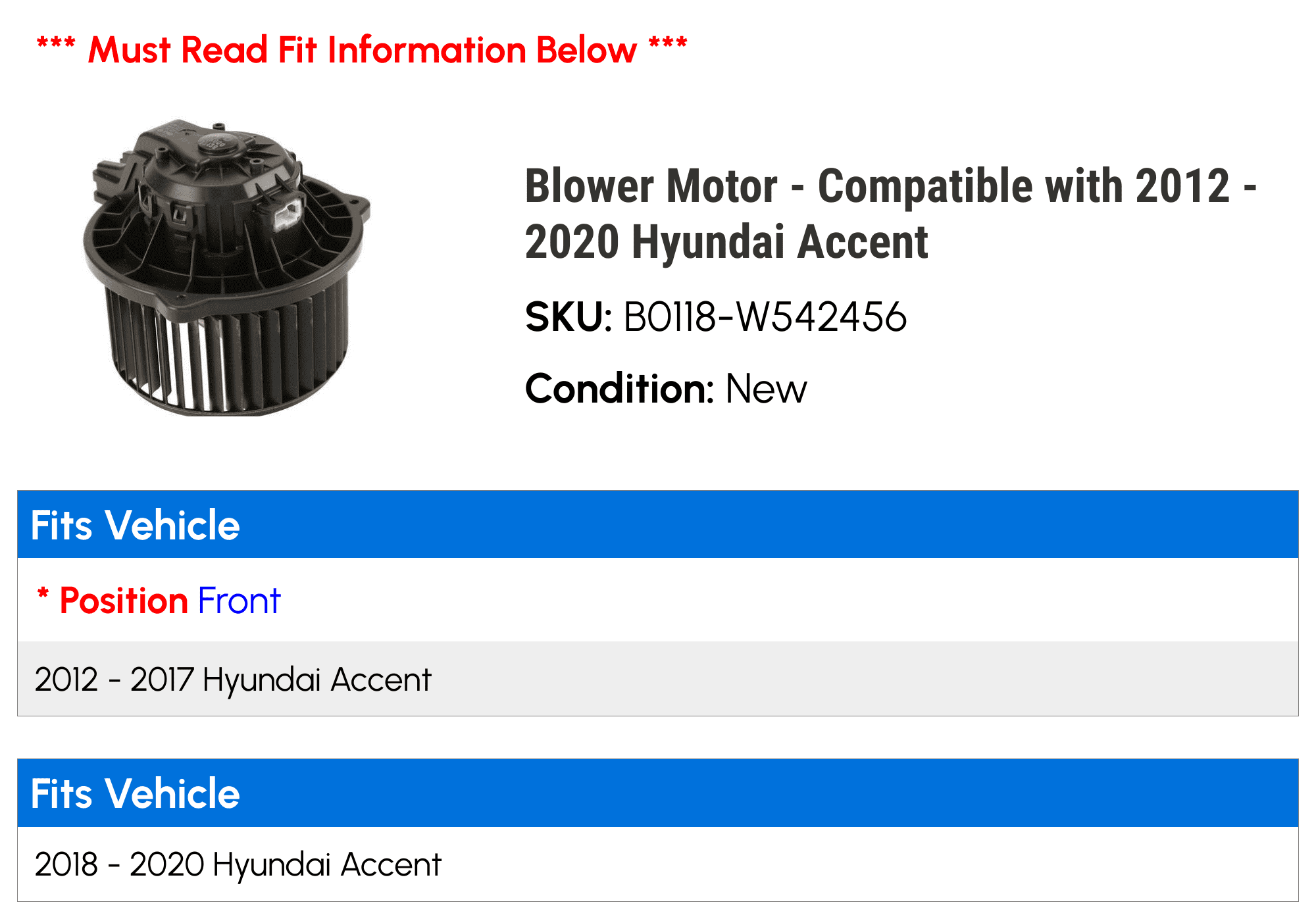 Blower Motor - Compatible with 2012 - 2020 Hyundai Accent 2013 2014 2015 2016 2017 2018 2019