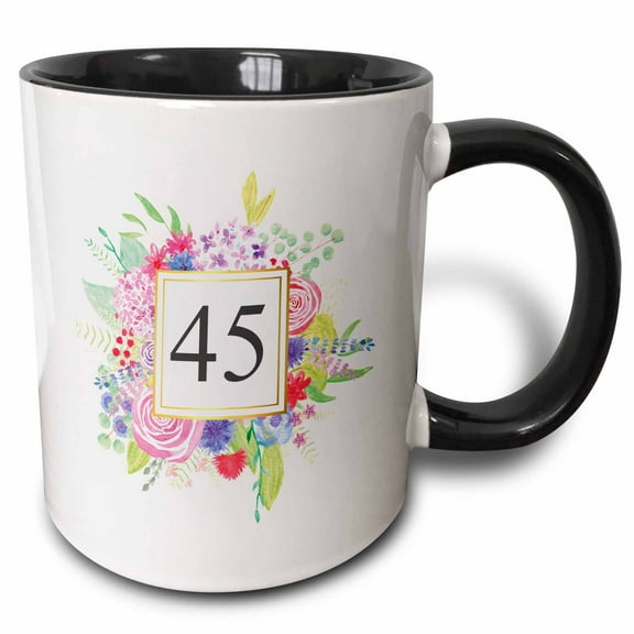 3drose, Floral Number 45 Celebrating 35 Years Old 45th Birthday or Anniversary, 15oz Two-tone Black Mug