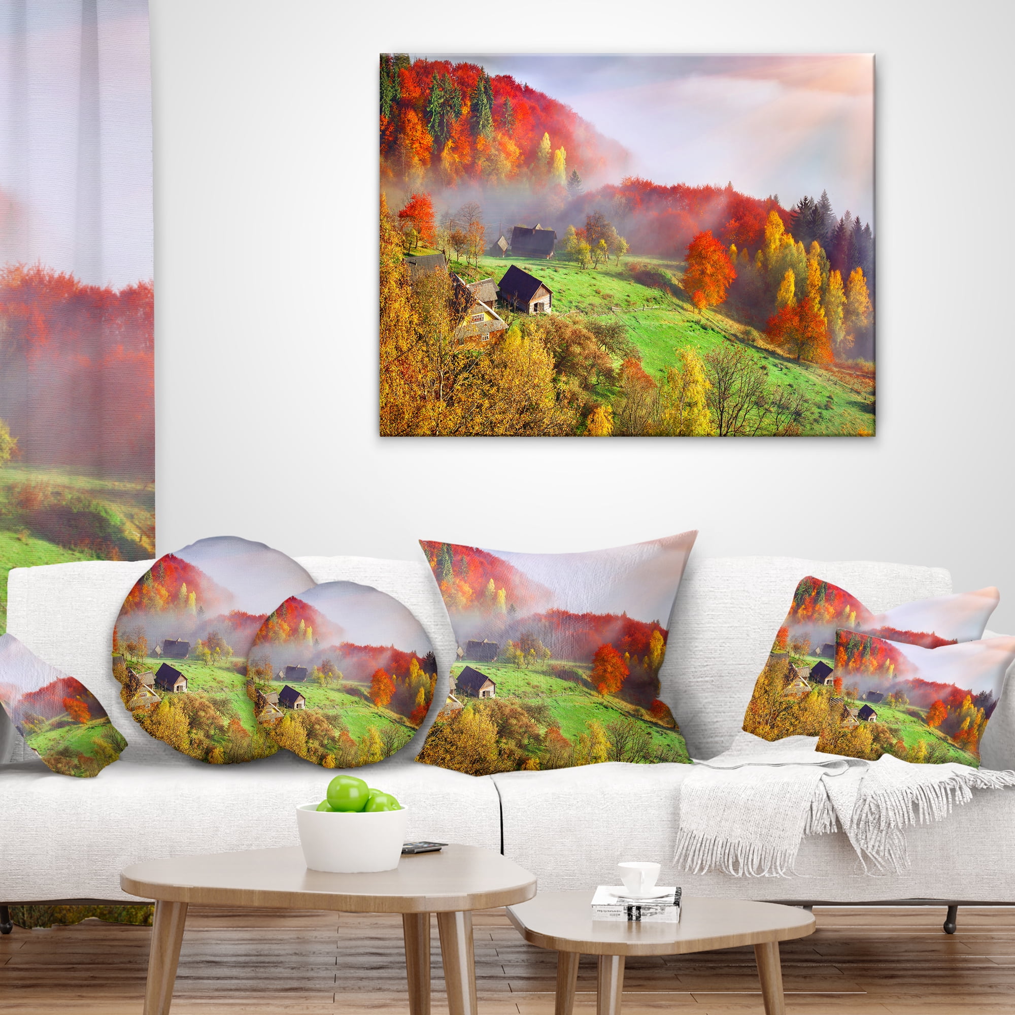 Designart Colorful Mountain Village - Landscape Photo Throw Pillow - 16x16