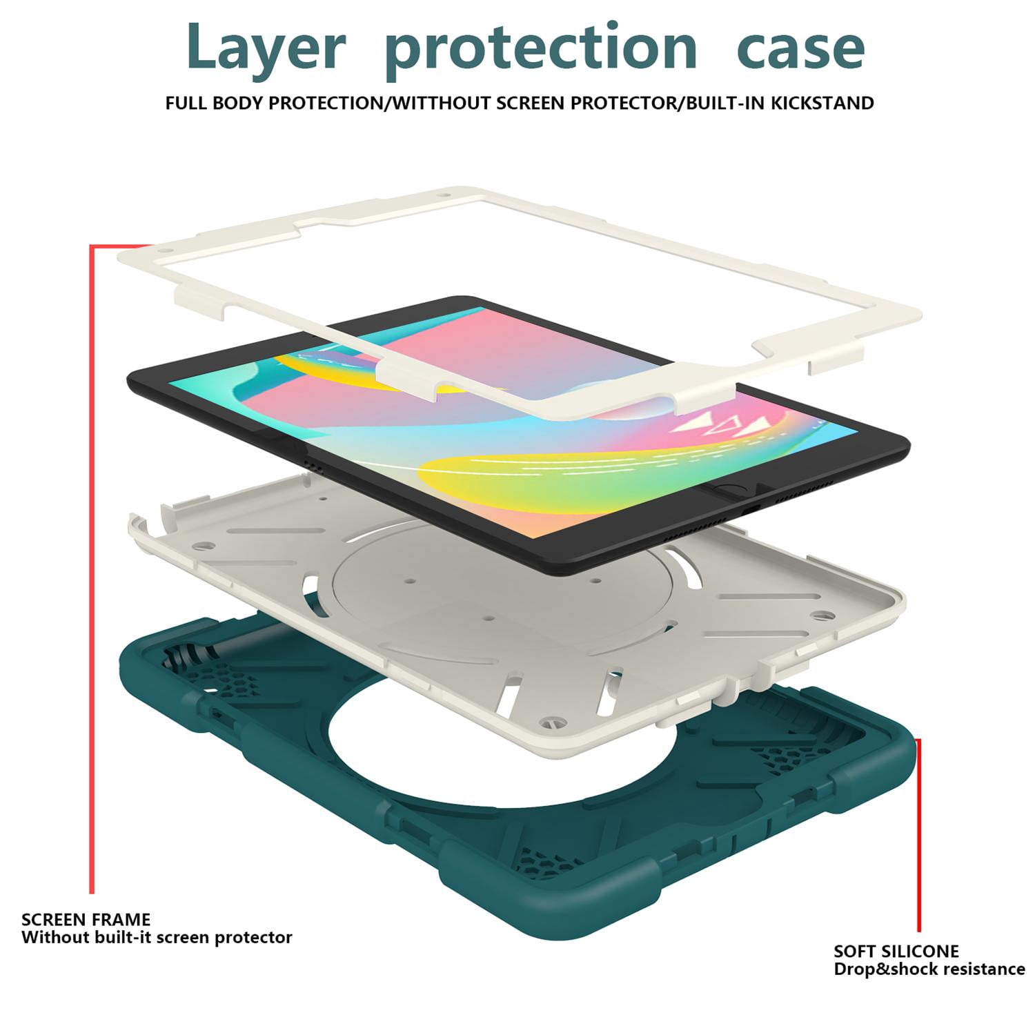 Allytech Case for iPad 9th/8th/7th Generation 10.2", Kids Case with 360° Rotating Folding Ring, Pencil Holder, Strap Drop-Proof Case for iPad 9/8/7 Gen 2021/2020/2019, Blackish Green