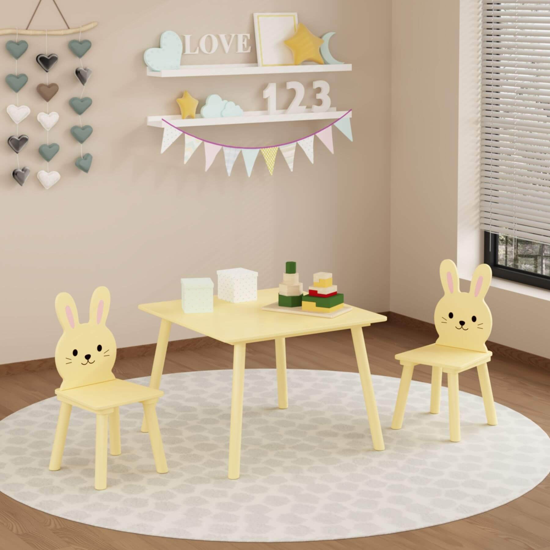 MOONRIVER Kids Table and Chair Set with 2 Bunny Chairs, Cream Yellow