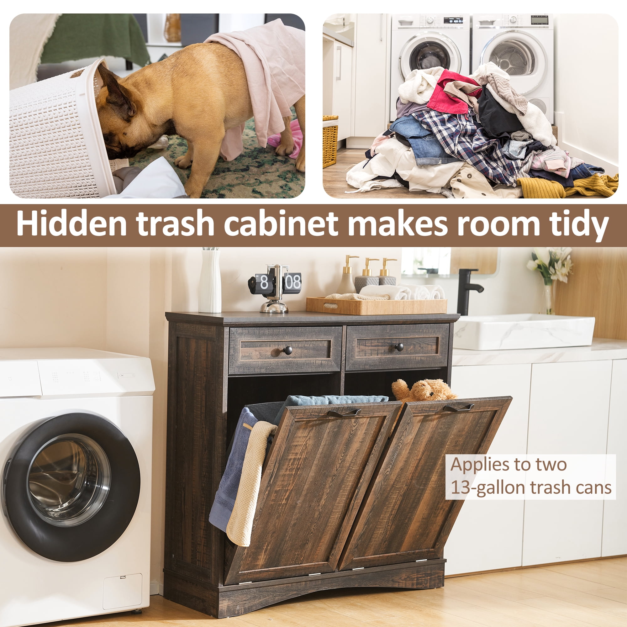 HARIPUL Double Tilt Out Trash Cabinet, 26 Gallon Trash Can Cabinet with Drawers & Handles for Kitchen, Dark Brown