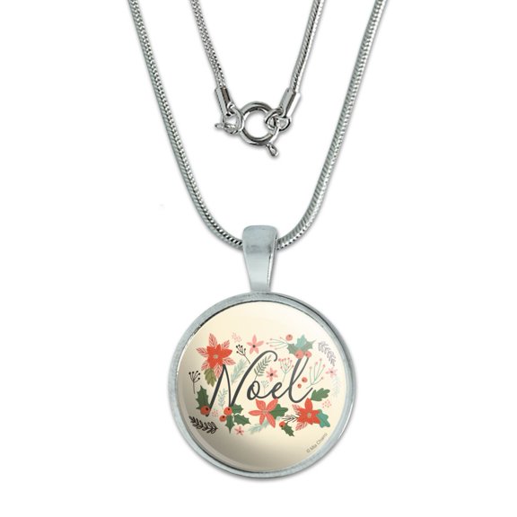 Noel Christmas Holly Poinsettias 0.75" Pendant with Sterling Silver Plated Chain