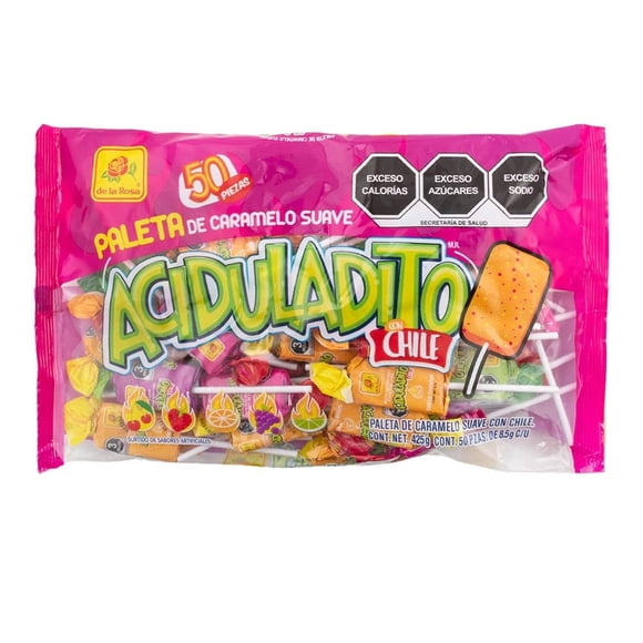 Paleta de caramelo suave De la Rosa Aciduladito con chile 50 pzas