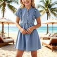 thumbnail image 2 of Girls Denim Dress Button Down Short Sleeves Casual Ruffle A Line Sundress for Holiday Vacation Party Wear, 2 of 7