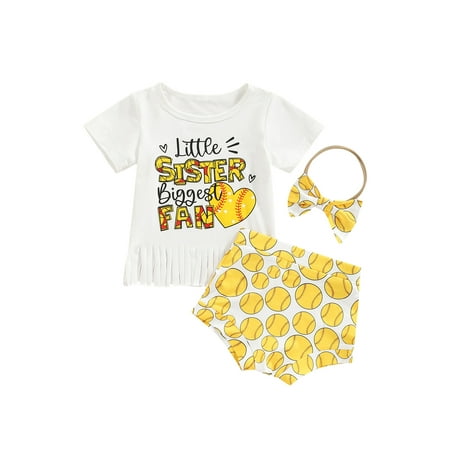 

Xingqing 3Pcs Toddler Baby Girls Outfits Tassels Hem Short Sleeve Letter Tops Baseball Printing Shorts Set Yellow 4-5 Years
