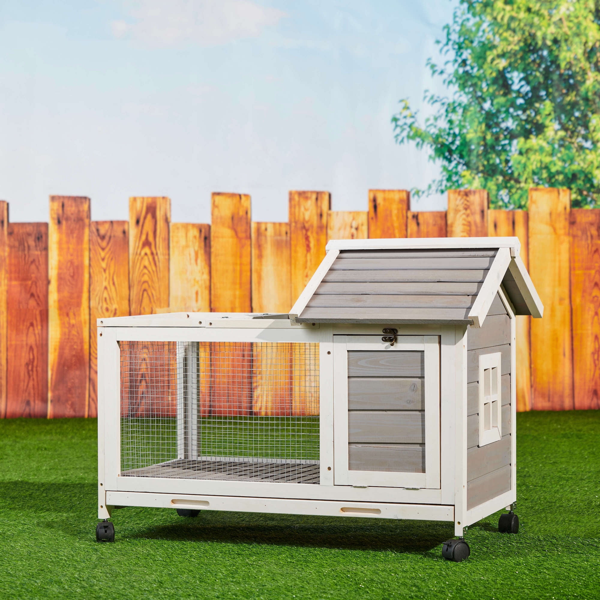 Kepooman 40.7" Wooden Rabbit Hutch, Indoor Bunny Cage with Pull Out Tray, 4 Casters Include, Gray Kepooman 40.7" Wooden Rabbit Hutch, Indoor Bunny Cage with Pull Out Tray, 4 Casters Include, Gray