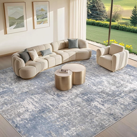 Alfombra Lavable Tortania 7x9 para Sala: Alfombra Moderna Abstracta Neutra Grande, Suave y Delgada - Alfombra Antideslizante para Interior, Dormitorio, Comedor, Oficina, Cuarto de Bebé - Azul Grisáceo